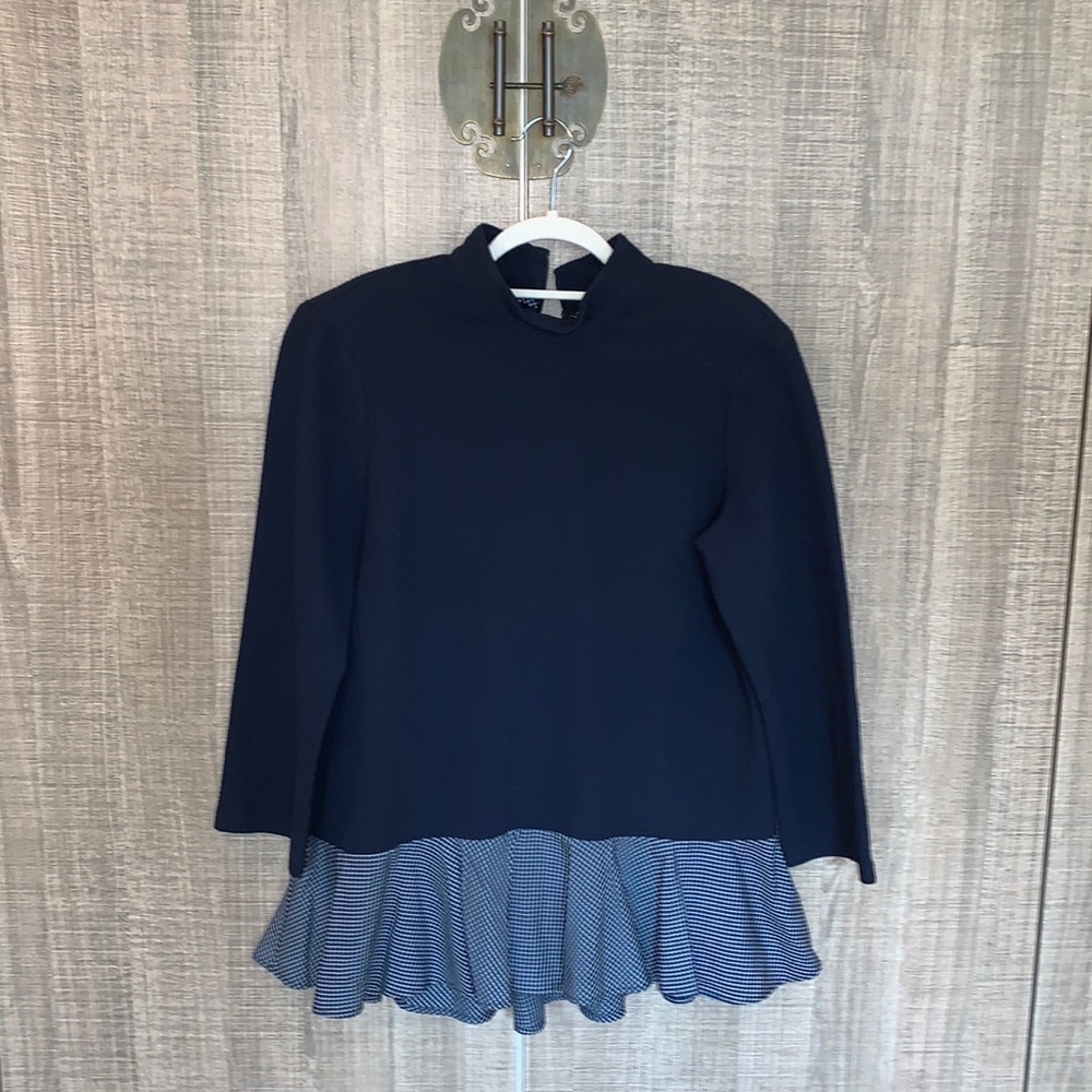 Zara Woman Mock Neck Long Sleeve Plaid Ruffle Hem Tunic‎
